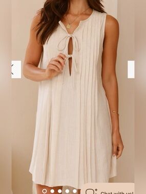 Sleeveless White Linen Tie-Front Pleated Mini Dress